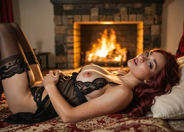 woman 20 year old, lying on back, unbuttoned transparent silk negligee, undressing, nice black lace bra with embroidery, garter belt, show nipples, stockings, side view, man fucking her missionary style, cumming, erotic, warm lighting, near a fireplace, in luxurious bedroom, ponychar3-RBSYPV3, curvaceous2, long, hair, looking, at, viewer, burgundy, brown, eyes, mole, portrait, freckles, realistic, <lora:ponychar3-0-RBSYPV3:.8>