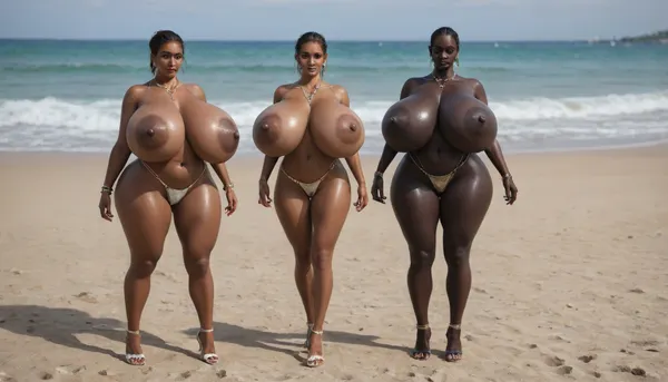 (absolutely black skin:1.65), (gigantic massive huge tits slender beauty model on the beach:1.35), (incredibly floppy saggy tits:1.65), (very large very dark areolae:1.55), erect nipples, seduction, model with full body and face, ((groping tits and ass)), very high plateau heels, ((bikini)), (belly chain, anklet, bracelet, jewelry, necklace), ((micro skirt)), oiled up, light hairy pussy, very detailed image, ultra high definition