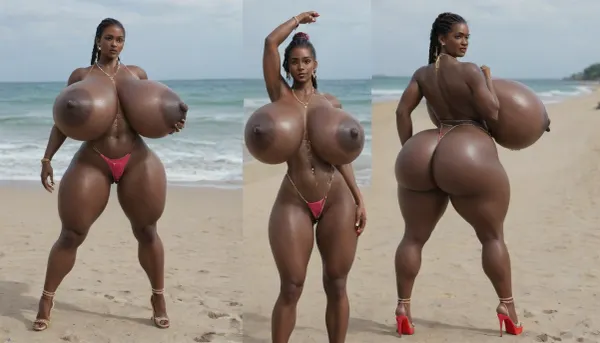 (absolutely black skin:1.45), (gigantic massive huge tits slender beauty model on the beach:1.35), (incredibly floppy saggy tits:1.85), (very large very dark areolae:1.55), erect nipples, seduction, model with full body and face, ((groping tits and ass)), very high plateau heels, ((bikini)), (belly chain, anklet, bracelet, jewelry, necklace), ((micro skirt)), oiled up, light hairy pussy, very detailed image, ultra high definition