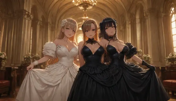 Cinematic, 35mm, Golden Hour, sumptuous ballroom, debutant's ball, goth girl dressed like a prostitute, is surrounded by beautiful debutants standing around her, the girls wear expensive ball gowns, gowns are a variety of styles and colors, several girls have ample breasts