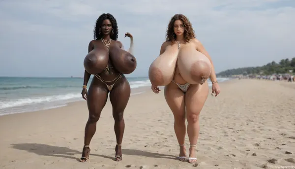 (absolutely black skin:1.45), (gigantic massive huge tits slender beauty model on the beach:1.35), (incredibly floppy saggy tits:1.85), (very large very dark areolae:1.55), erect nipples, seduction, model with full body and face, ((groping tits and ass)), very high plateau heels, ((bikini)), (belly chain, anklet, bracelet, jewelry, necklace), ((micro skirt)), oiled up, light hairy pussy, very detailed image, ultra high definition