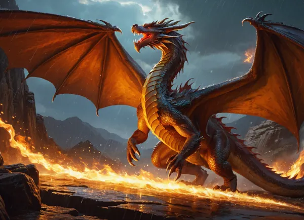 Wild Dragon, western background, rain of fire, d&d, fantasy, highly detailed, digital painting, artstation, sharp focus, fantasy art, illustration, 8k, in the style of greg rutkowski. It's an absolute world-class masterpiece artwork. It's an aesthetically pleasing artwork with impeccable attention to detail and impressive composition.