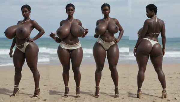(absolutely black skin:1.85), (gigantic massive huge tits slender beauty model on the beach:1.25), (incredibly floppy saggy tits:1.35), (very large very dark areolae:1.25), erect nipples, seduction, model with full body and face, ((groping tits and ass)), ((very high plateau heels)), (bikini), ((belly chain, anklet, bracelet, jewelry, necklace)), (micro skirt, sun dress), oiled up, light hairy pussy, very detailed image, ultra high definition