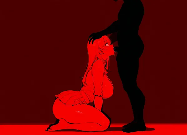 score_9, score_8_up, score_7_up, (black man looking down), muscular, interracial, (big brutal black man:1.3), penis, standing up straight, (((profile view))), (girl kneeling), (girl looking up at male), zavy-slhtt, (((black silhouette))), (deep blowjob:1.1), monochrome, head grab, short skirt, blouse, large breasts, massive ass on female