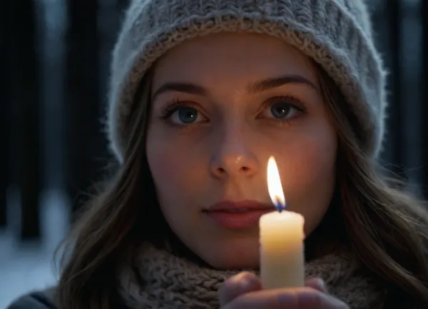 Extreme close-up portrait of a beautiful 25-year-old woman standing outdoors at night in deep winter. The scene is dominated by darkness, yet a snow-covered winter forest is faintly visible in the background, only as soft silhouettes and subtle depth. Snow on the ground and branches gently reflects minimal ambient light, hinting at the cold landscape surrounding her. She holds a single lit candle close to her face. The warm flame is the primary light source, illuminating her features with soft, natural highlights and deep shadows. Her expression is peaceful, happy, and serene as she sings quietly. With each breath, visible vapor forms in the cold air, drifting slowly from her lips, enhanced by the candlelight. Her blue eyes are highly detailed and realistic, reflecting the small flame naturally. Eyelashes, eyebrows, fine facial hairs, and skin texture are rendered with extreme precision. She wears a knitted winter hat, (pudelmütze), with clearly visible fabric texture and fine fibers. Strands of hair emerge naturally beneath it. Her hands and fingers are perfectly formed, gently holding the candle, with realistic fingernails and skin detail. The background remains dark and atmospheric, focusing attention entirely on her face. Hyperrealistic, ultra-high resolution, cinematic lighting, shallow depth of field, photorealistic skin, emotional winter mood, maximum detail, natural realism