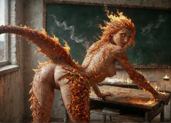 Fire Naked woman with a lizard tail standing, completely covered in silvery scales, large breasts, her breasts are tight and hanging to the floor, the woman is naked. She has a lizard tail, the tail is as long as her body. The tail is raised up. It is covered with scales, the skin is covered with scales, the woman fire has scaly skin the scales are ashy silver, (correct tail positioning), (no missing limbs), (han, yu, long, huang\), ral-embrglt, DonMF1r3y4by55XL, firecd_xl, flmngprsn, <lora:ral-embrglt-sdxl:2>, <lora:DonMF1r3y4by55XL:2>, <lora:firecd_xl-000017:2>, <lora:lora-sdxl-flaming-person:2>, <lora:SG2:2>