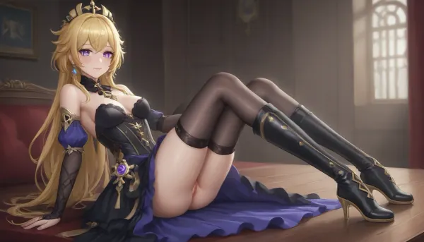 Adult, full-length girl, beautiful, fluffy dress, black steampunk style costume with yellow elements, gothic style dress, Navia from the game Genshin Impact, (long yellow hair), purple eyes, happy smile, 1 girl, bare breasts, pussy visible from under the dress, looking at viewer, shiny skin, blush, bangs, woman, _jbright__, (genshin, impact), solo, navia, (genshin, impact/), jewelry, black thigh-high stockings, black studded thigh-high boots, <lora:Navia_XL_LoRA:2>