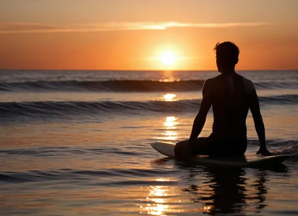 Silhouette of a surfer, waiting patiently for a perfect wave, seated on his board. Side view .from the rear, sunset in the background, sun at mid-horizon, small and large waves, real water, reflections of the sun on the water, orange hue, glimmers around the surfer's outline, ultra-realistic, ultra-detailed textures, well-defined black silhouette. Cinematic shot with a 75mm lens, backlit with intense contrast, peaceful atmosphere with emotion.