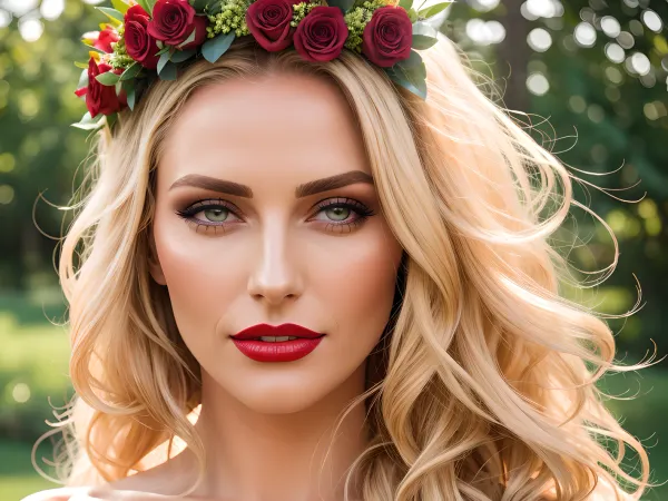 blonde girl, bride lightly dressed, lies in the straw, sweaty skin, toned, full-length photo, floral wreath headdress, red lipstick, 70mm lens, complex braided hair, hourglass figure, aesthetic, symmetrical, posing, (areolas:1.2), athletic, sharp, textured skin, perfect body, long hair, angular face, goosebumps, realistic, detailed, slim, waist, (perfect fingers:1.2), large eyes, photographed by a Nikon Z7 II Camera