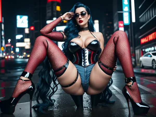 Потрясающая ультра-высокое определение фотографии девушки с горячими брюками, стоящей на улице с ее руками в карманах, глядя на ее солнцезащитные очки на камеру. У нее ультра-синие волосы и пять пальцев рук, идеальная кожа, и