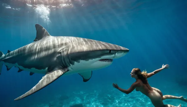 Una mujer está nadando cerca de un tiburón enorme, y el tiburón se acerca a ella