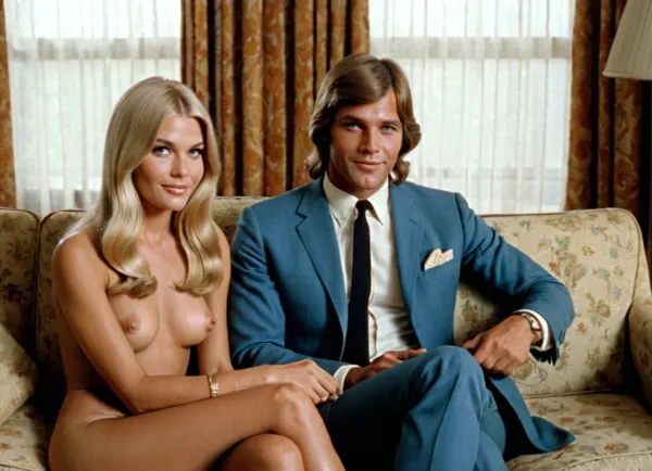1960年代のヒップピーの女性は、ビジネススーツを着ている男性の隣にソファに座っていました。 見晴らしかった男は、完璧な手と完璧な歯を持っていました。 彼はまた50