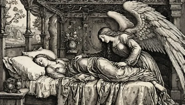 La gravure médiévale dépeint un ange avec de grandes ailes pliées sur une jeune fille adulte qui dormait paisiblement dans son lit. La verrière sur le lit était haute résolution, détaillée, et engloutissait toute la pièce. La scène était sereine et paisible,