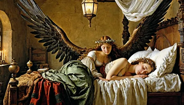 La gravure médiévale dépeint un ange avec de grandes ailes pliées sur une jeune fille adulte qui dormait paisiblement dans son lit. La canopée sur le lit était haute résolution, détaillée, et avait des gravures complexes d'anges et d'autres figures religieuses