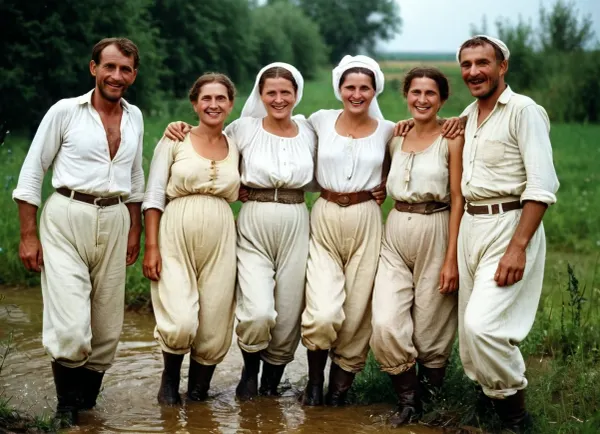 The photo depicts a group of liberated villagers from 1910, wearing wet white pantaloons and having fun in the village. The woman in the photo is very old, but she has high-quality AI-generated text that describes her as happy