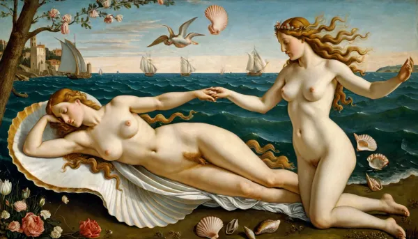 La peinture représente la naissance de Vénus à partir de la coquille d'un cœur côtelé ou d'un pétoncle, entraîné par le vent. Sur le côté gauche, Zephyr souffle sur une coquille, créant un vent rempli de fleurs. Au centre, Chlor