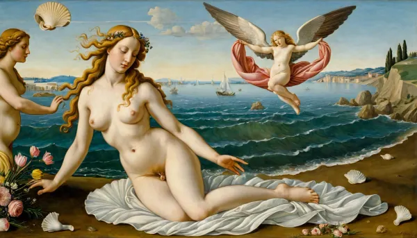 La peinture dépeint la naissance de Vénus à partir de la coquille d'un cœur côtelé ou d'un pétoncle, entraîné par le vent rempli de fleurs. Sur le côté gauche du tableau, Zephyr souffle sur une coquille, créant un vent rempli de fleurs