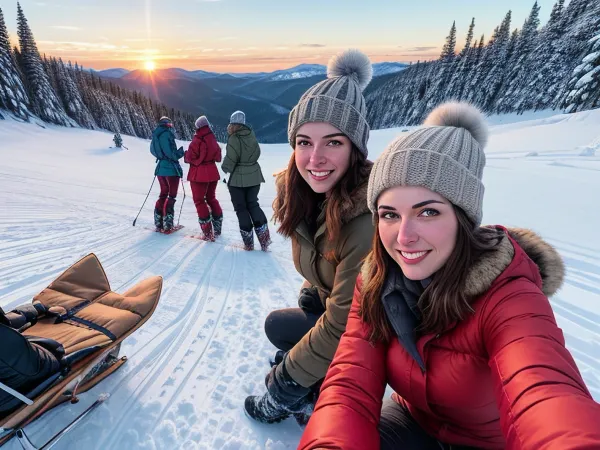 두 개의 벌거 벗은 소녀, 18 세 및 모자, 그들의 슬링과 산에서 하이킹했다. 그들은 그들의 손에 mittens를 가지고 겨울 재킷을 착용했다. 눈은 산을 내려가는 길을 걷기로