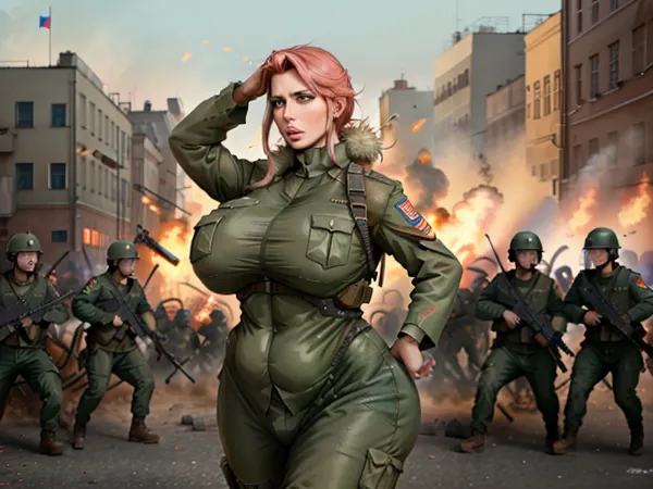 衝撃的な場面では、軍の制服の女性はクレムリンを嵐し、5人の市民を殺すために10人の女性のグループを導きます。 この妨害イメージはロシアから、政府に対する抗議が数か月間継続している