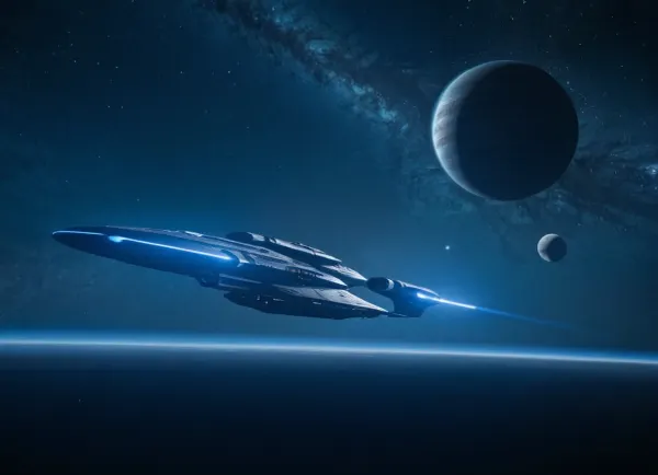 Two spacecraft, one from Earth and the other from Mars, are locked in a fierce battle in space. The two ships are equipped with powerful laser beams that they use to attack each other. The battle is intense as both ships maneuver around each other,