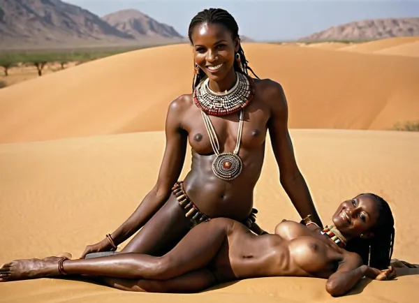 The woman was a full-body picture with a very tall and wide body. She had natural perky boobs, a fanatic smile on her face, and wore traditional accessories adorned on her nude body. She was lying on her back