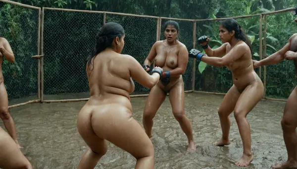 A group of 3 South Indian women, fully nude 25 year old south Indian females, with chubby bodies and oiled bodies, are fighting in a cage. The audience is captivated by the ultrarealistic image of the women's bodies as
