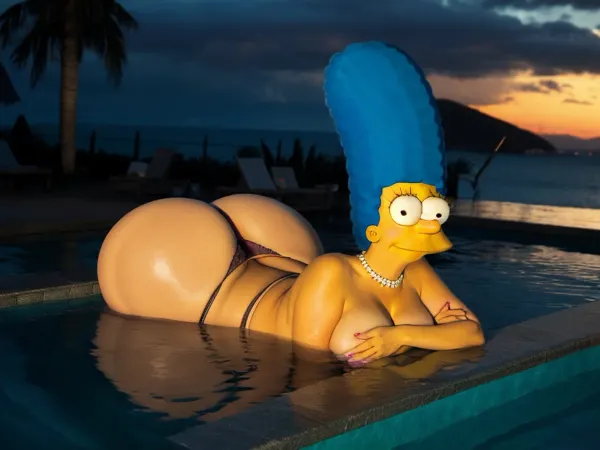 Marge Simpson lies on her stomach in the water pool, cum on her butt crack. She has a big fat ass and wide hips. Her buttcrack is yellow and green colored. She has red picture of herself on her stomach, looking at