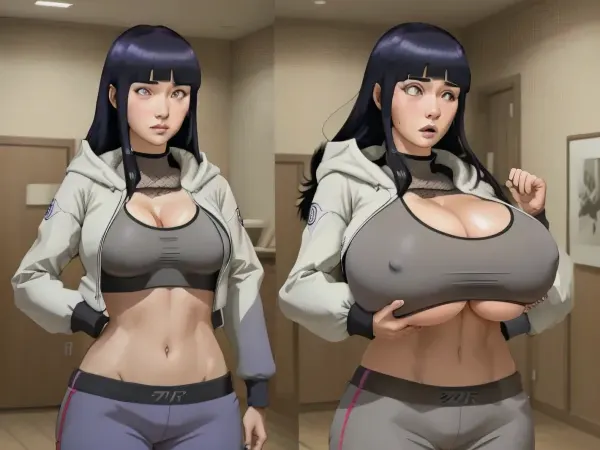 The woman in the picture is wearing a tight top that reveals her cleavage and a pair of pants that hug her curves. She has long, luscious hair and a seductive smile on her face. Her breasts are overflowing from the top