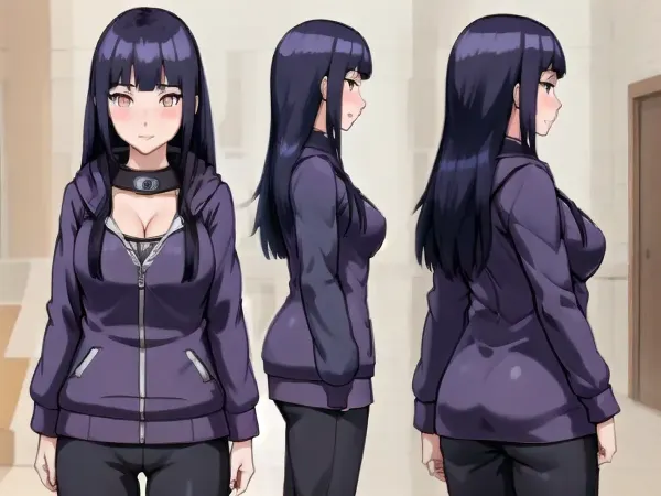 A mulher com a AI de alta qualidade, gerando a roupa1, tinha um cabelo longo e seios grandes. Ela usava uma roupa de olhos brancos com um protetor de testa. Ela estava em sua sala de estar com as mãos atrás de suas costas e sed sorridente