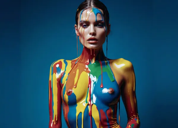 Eine Frau in einem Foto ist in einer Mode-Shoot inspiriert von Dripping Paint, eine Kunstbewegung, die hyperrealistische Techniken verwendet, um realistische Bilder zu erstellen. Das Kleid der Frau tropft mit Farbe, und ihr Haar ist stilisiert zu sehen, wie es hat