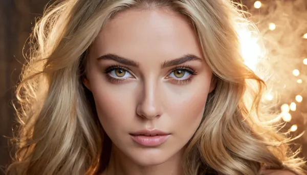 The Scandinavian and Irish features of the woman's face are emphasized by her high cheekbones, sharp cheekbones, faint vellus hairs, upturned button nose, delicate nose, eyes slightly crossed, big eyes with a wide set mouth. Her