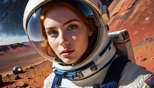 (youthful vibrant woman), (selfie, portrait, face portrait with emphasis on her eyes, close up of face:1.5), (dramatic high contrast rim lighting with sharp otherworldly shadows:1.8), (Scandinavian and Irish features), (photorealistic, photo realistic, photorealism, photo realism:1.8), (4k, 8k, 8k resolution, best quality, ultra quality, highest quality, maximum quality, uncompressed, raw source photograph:1.2), (same color eyes, symmetric eyes, matching eyes, detailed eyes, detailed iris, detailed pupils, limbal ring around iris, perfectly round iris, perfectly round pupils:1.4), (detailed skin, high detailed skin, intricately detailed skin, perfectly detailed skin, high quality skin, highest quality skin, exquisitely textured skin), (intricate clothing, detailed clothing), (microblade eyebrows, perfectly manicured eyebrows), (flushed cheeks, flushed neck, blushing cheeks, blushing neck), (her wide strong jaw highlights her powerful jawline, high cheekbones, sharp cheekbones, faint vellus hairs), (cute tall upturned button nose, delicate nose), (pixiecut hair framing her face, ginger hair with dark roots:1.3), (big eyes, wide eyes, doe eyes, slightly wide set eyes), (striking eyes, captivating eyes, mesmerizing eyes, glittering eyes, Fae eyes), (pale light green eyes with golden flecks), (large natural soft breasts, high breasts), (athletic body, sporty body, lean body, fit body), (relaxed posture, casual pose, casual outfit, casual attire, casual underwear), (she's in love, adoring gaze, loving expressing, adoring expression, joyous, joyful, pleased), (girlfriend, girlfriend material, girlfriend experience), (pale skin, cute tall tall freckled cheeks and nose, noticeable freckles, sun kissed nose), (facing directly into camera, head tilted slightly forwards), (wearing an astronaut outfit:1.5), (walking on the surface of Mars, barren red rock desert with boulders and cliffs, enclosed glass astronaut bubble helmet:1.5), (starry black night sky, black sky, night sky:1.8), (red dusty air, red dust storm:1.5), (plants:-2), (a colorful alien moon with rings looms in the sky), (low angle photo looking up)