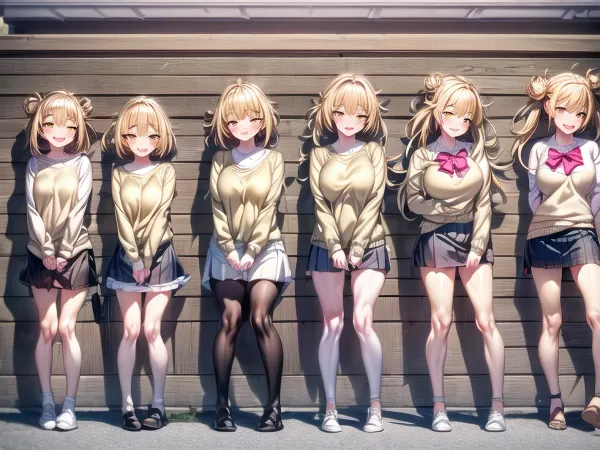 The AI generated a picture of a girl with short hair, cute face, and wide hips. She is wearing a yellow-eyed bun and is wearing an ultra detailed Four Stages Age Progression outfit. The picture was taken outdoors with perfect lighting and