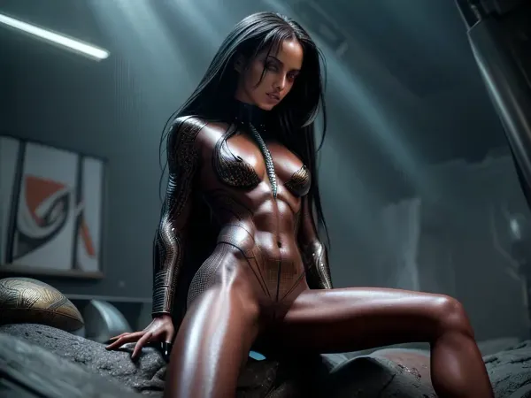 若い女性はビーチに立ち、彼女の髪は風の中で吹く。 彼女は裸体を覆う細いビキニを除いて、裸体です。 日差しに輝く光の日焼けで、肌が滑らかで完璧です。 彼女の動き