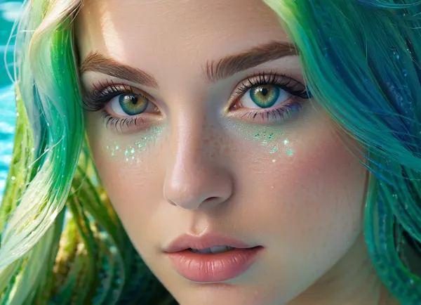 Büyük bir havuzda bir mermaid yüzmesi ile sualtı sahnesini, bir Fae'nin gözlerine benzeyen deri ve saçlarla. Aydınlatma ultra kısaltılır, fotoğrafın genel güzelliğine ek olarak