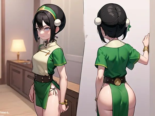 The cowboy took a picture of the busty hourglass figure with her hair bun and short hair. She was wearing a simple backgound and had an expressionless face. The toph beifong was the best quality, and she was