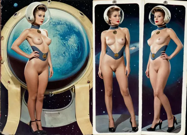 Uma coleção de moda sci-fi com roupas assimétricas com desenhos de recorte em mamilos e roupas sem virilha, 3/4 de vista frontal, 3/4 de volta, quadro de foco no peito, roupas sem virilha com desenhos de recorte