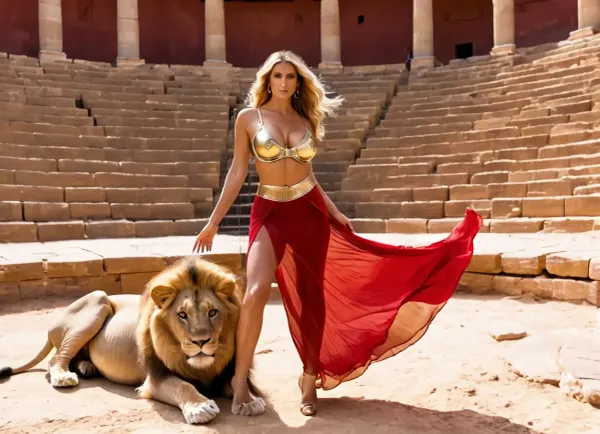 一个60岁的奶奶艾玛·斯塔尔(Emma Starr)站在沙子上,她穿着一条粉红色的透明裙子和一只狮子,她张开双腿暴露自己. 她准备为他攻击狮子