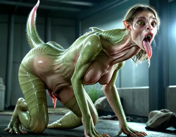 The AI generated a picture of a nude woman with torn clothes, fit, anorexic, and sexy. She had intense alien claws, veiny eyes, and a drooling wide open mouth. Her cloudy eyes were intense green and her vascular