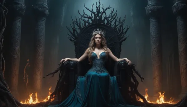 La figura regiosa y etérea de Persephone, el oscuro, imponente pasillo del inframundo, y el trono de Hades