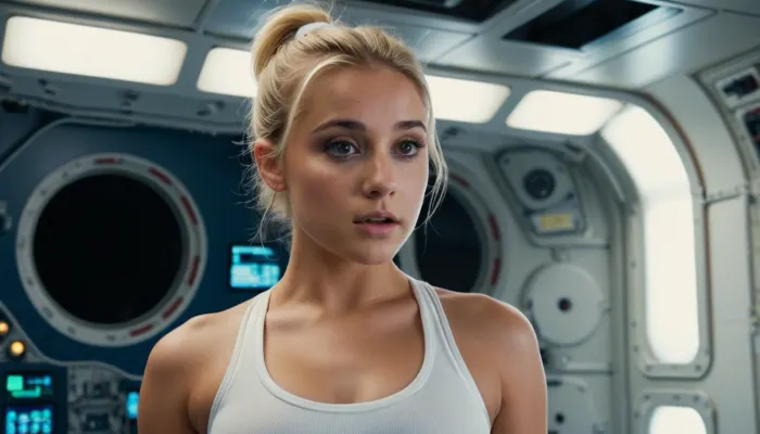 宇宙ステーションの女性が浮かび上がっていて、彼女は彼女の壁に写真を見ているように夢見ていました。 高頬骨と全唇の小さな丸い顔がありました。 目が大きくて明るく、髪が長く、