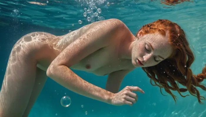 長い脚とそばの若い女性は、美しいオランダの田舎で水中に潜水していた、彼女の髪は2つのピグテールに編組され、彼女の曲線を披露する赤いビキニ。 水中で自由に生き生きて感じた