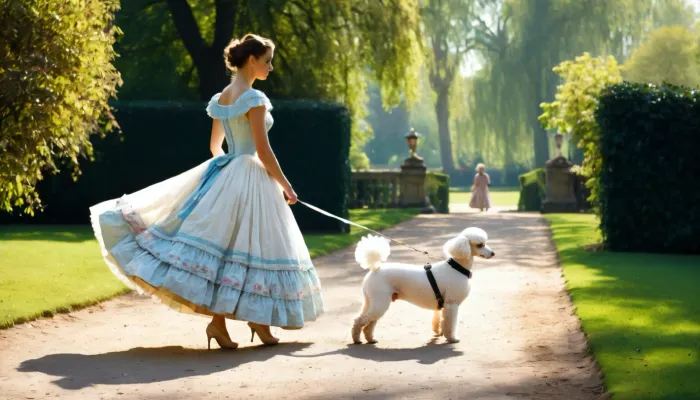 Fotoğraflarda, bir crinoline elbise içinde bir bayan, küçük bir beyaz poodle ile yürüdü. Elbisenin uzunluğu neredeyse zemine, olgun romantikizmin tarzında