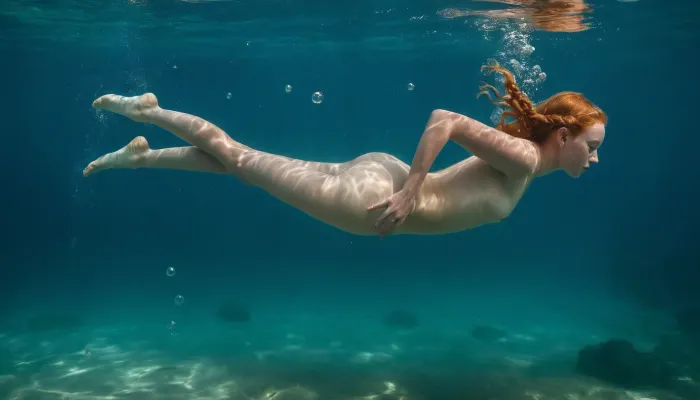 長い脚とそばの若い女性は、彼女の運動と恵みを捉える写真の水中でダイビングと水泳です