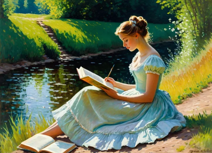 작은 강의 은행에서 이동식 bodice sat와 함께 crinoline 드레스에 여자, 책을 읽고. 그녀는 땅에 거의 있었다 이동식 bodice와 우아한 드레스를 착용했다