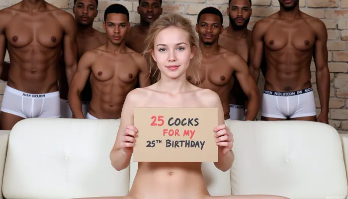 A menina, com seu cabelo loiro e olhos azuis, sentou-se no sofá, olhando para a câmera. Ela realizou um "25 COCKS FOR MY 25th BIRTHDAY" caseiro A3 SIGN com vermelho e preto marcador canetas em