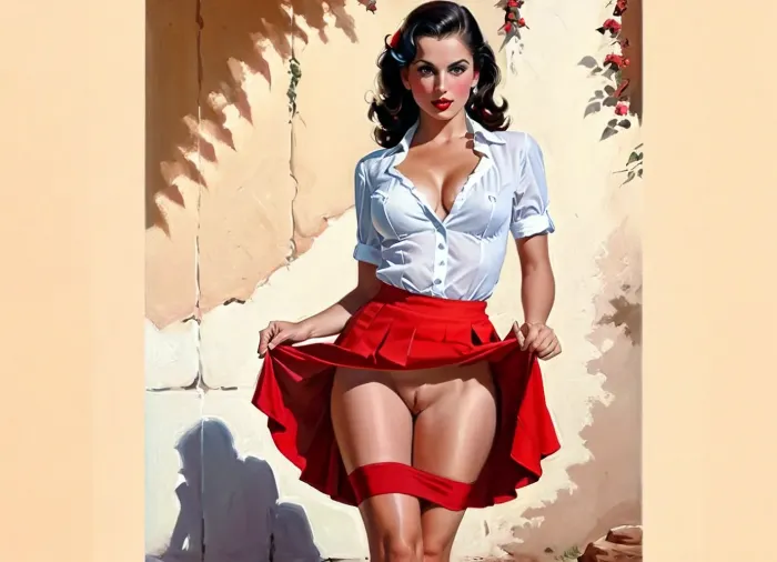 A Gil Elvgren Inspired Digital Art:"A Gil Elvgren Inspired Digital Art"是一部令人惊叹的艺术作品,它捕捉着身着红色裙子的女子的美丽和优雅,为一幅画姿势. 数字化的使用