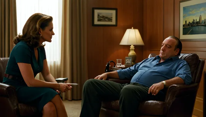 在淡淡的治疗室,托尼·索波诺坐在一个皮椅上,面对着梅尔菲医生,她说话时他的眼睛固定在她身上. 房间装饰着现代和经典家具的混合体,包括滑板