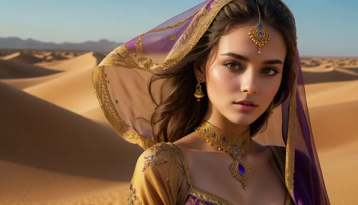 A stunningly beautiful 24-year-old beauty stood alone in the vast, golden sands of the desert with intense and captivating presence that captured your attention instantly