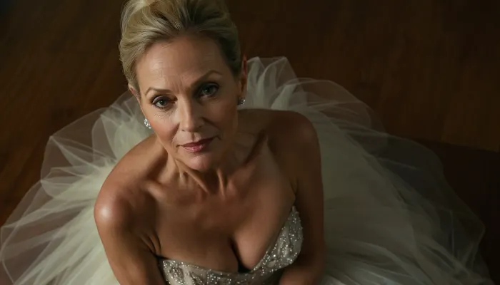 एक परिपक्व उपस्थिति के साथ एक 45 वर्षीय एमआईएलए, एक अर्ध पारदर्शी tulle गाउन पहने हुए, मंद प्रकाश में एक सेल्फी ली और उसके चेहरे पर एक स्मारिका के साथ दर्शक को देखा। उन्होंने अपने स्मार्टफोन को पकड़ लिया और एक साथ ले लिया